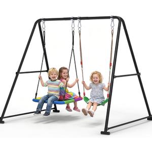 2-in-1 Swing Set for Backyard for Kids, with 1 Platform Swing, 1 Belt Swing, 440lbs Metal Swing Set for Toddler, Heavy-Duty Swing Stand w/8 Ground Stakes, Outdoor Swingset for Kids Adults (Black)