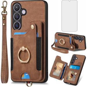 Asuwish Phone Case for Samsung Galaxy S24 Wallet Cover with Tempered Glass Screen Protector and Wrist Strap RFID Credit Card Holder Ring Stand Cell Accessories S 24 24S G5 SM-S921U Women Men Brown