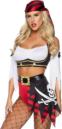 Leg Avenue Women's 4 Pc Wicked Pirate Wench Costume with Top, Sleeves, Scarf, Bottoms, L
