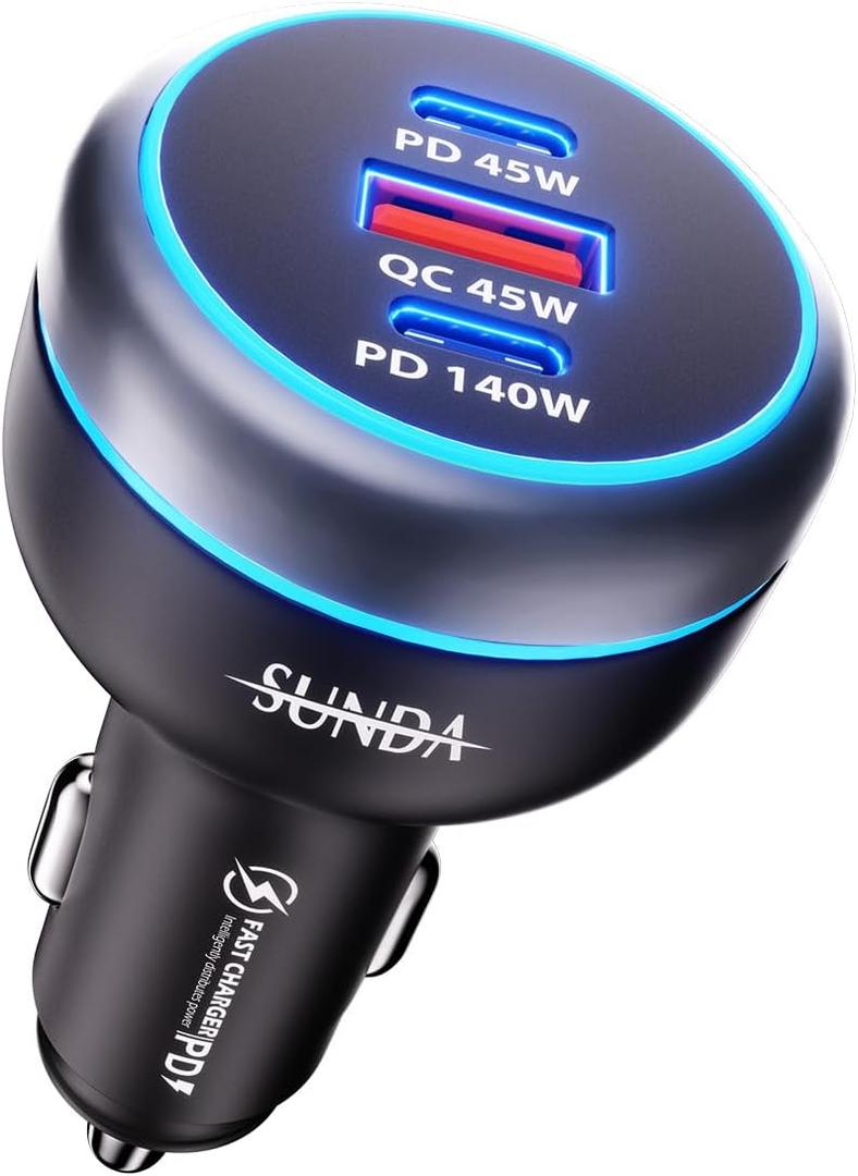 SUNDA 230W USB C Fast Car Charger, 3-Ports Car Charger Adapter, Dual Type C PD140W/PPS63W Compatible with iPhone17/16Pro/Max/iPhone15/Laptop/Galaxy/SamsungS25, USB-A 45W QC3.0 for Android