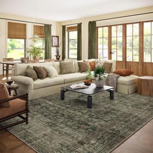 Washable Living Room Area Rug: 8x10 Rugs for Bedroom Vintage Stain Resistant Non Slip Low Pile Lightweight Boho Carpet for Kitchen Dining Room Farmhouse Kids Room Nursery (Dark Green)