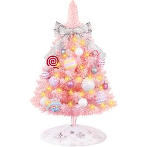 HOMDAILY Mini Pink Christmas Tree with Lights, 2ft Artificial Small Table Top Christmas Tree with Bow, Ball Ornaments and White Tree Skirt, 24 Pcs DIY Xmas Decorations for Kids, Toddler Room