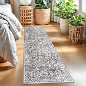 Vintage 2x7 Runner Rug, Gray Ivory Washable Runners for hallways, Super Soft Kitchen Runner Rug Non Slip, Print Faux Wool Floral Thin Carpet Runner for Entryway Indoor Bedroom Bedside Runner
