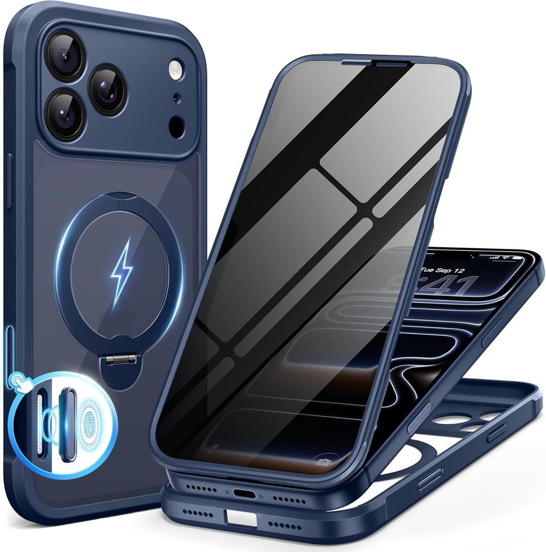 BERFY for iPhone 17 Pro Case, Compatible with MagSafe, Built in Privacy Screen Protector, Shockproof Full Body Phone Case for 17 Pro with Magnetic Stand, Clear Blue