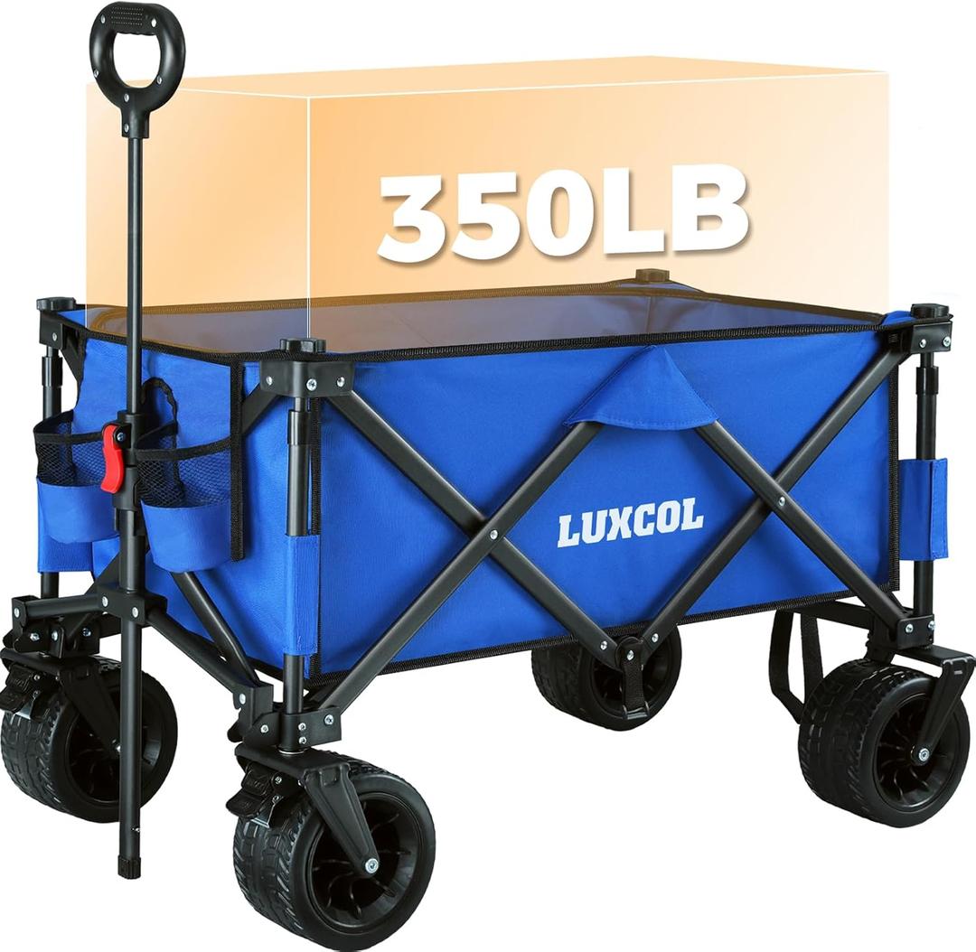 LUXCOL Wagon Cart Foldable, Collapsible Folding Wagon with All-Terrain Wheels & Adjustable Handle, Portable Heavy Duty 350LBS Weight Capacity for Camping, Grocery Shopping, Sport, Outdoor Use (Blue)