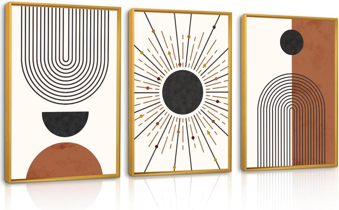 Ausril Minimalist Boho Framed Canvas Wall Art Set, Neutral Geometric Line Sun Wall Decor, Mid Century Wall Painting, Abstract Modern Bohemian Art Print for Living Room, Bedroom, Office -16"x24"x3 (16*24inch)