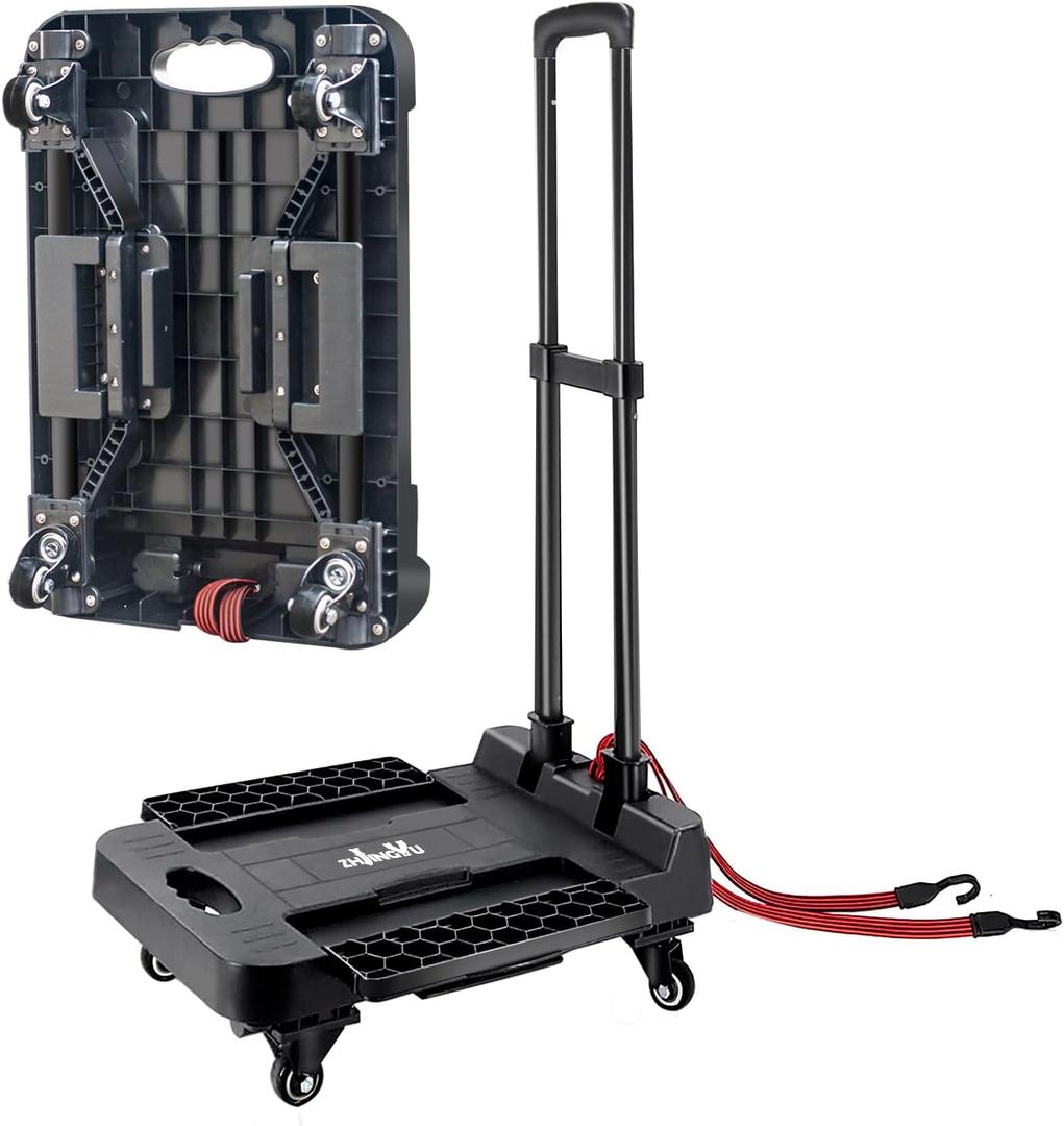 ZHJINGYU Folding Hand Truck Cart,Heavy Duty Trolley 220lbs Capacity,Folding Luggage Cart, Collapsible Wheels,Extended Handle Portable Dolly Cart for Moving, Airport, Office,Carrying Home (4 Wheel Steel)