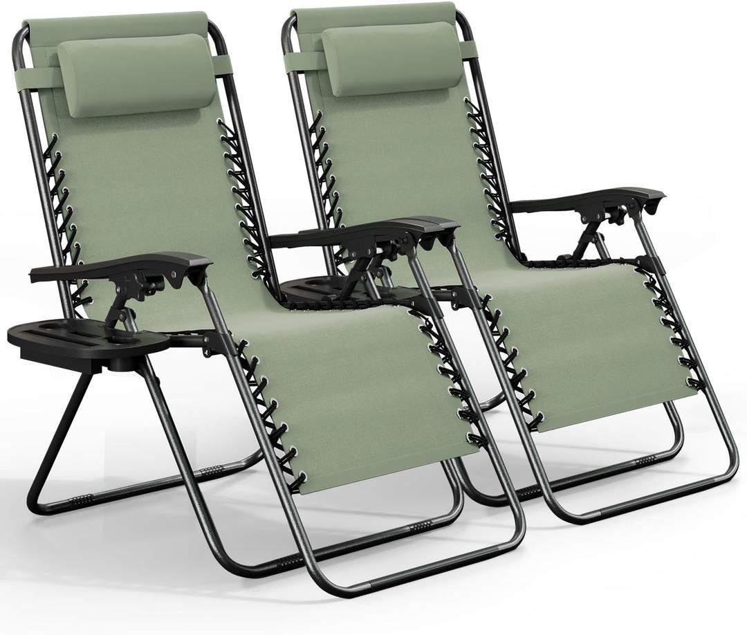 Nestl Zero Gravity Chairs Set of 2, Patio Lounge Chair Outdoor with Pillows & Cup Holder Trays - Sage Green