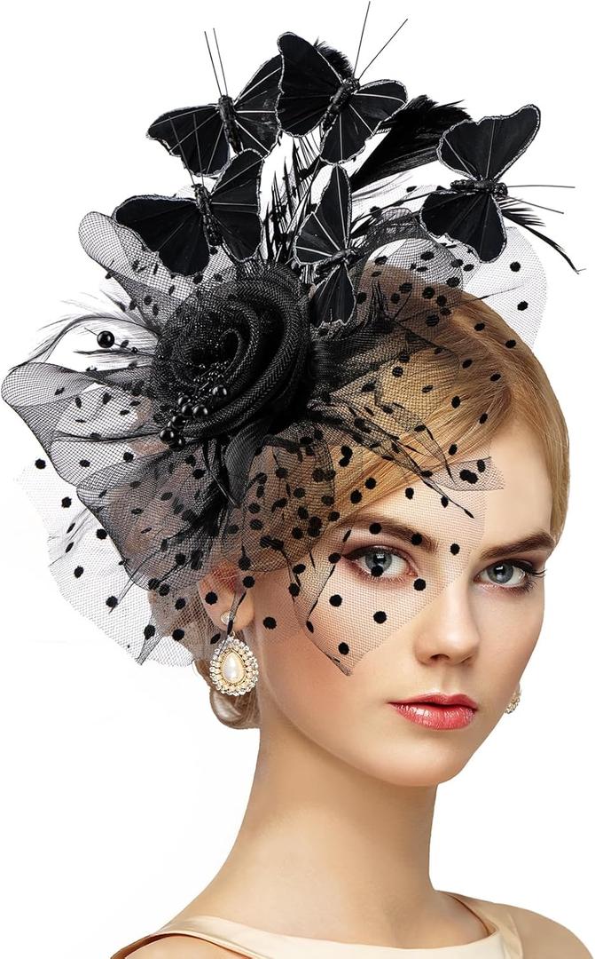 Zinniday Butterfly Derby Hat 2025 - Classic Tea Party Hats with Hair Clip, 1920s 50s Fascinators for Lady Woman