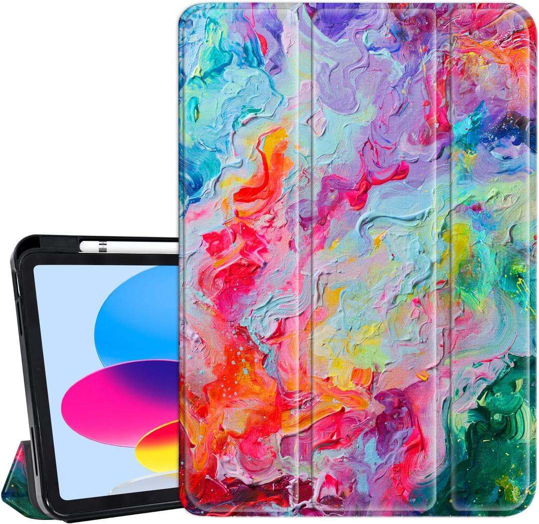 Hi Space for iPad 10th Generation Case 10.9 inch 2022 with Pencil Holder, Paint Pigment Graffiti Doodle Art Trifold Protective Shockproof Cover foriPad 10th Gen Auto Sleep Wake for A2757 A2777