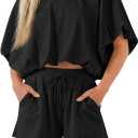Cicy Bell Womens Summer 2 Piece Short Sets Puff Sleeve Cropped Tops and Shorts Casual Loose Outfits Comfy Lounge Sets (Medium, Black)