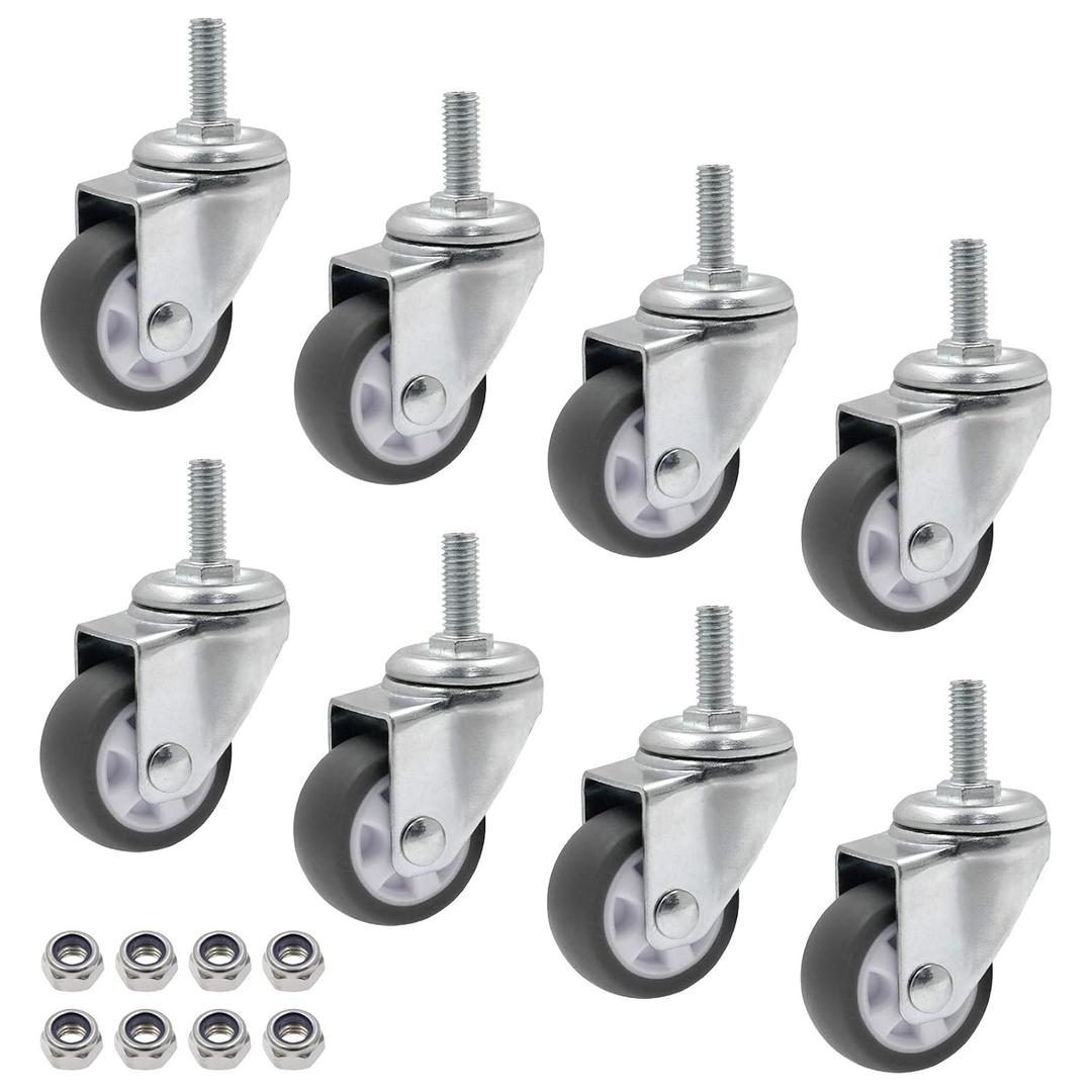 Luomorgo 8 Pcs 1.5" Caster Wheels Swivel Stem Casters for Small Tiny Shopping Cart Trolley Wheel, No Noise TPE M8 x 20mm Threaded Stem Caster, 352lb/160kg Load Capacity (Without wrench)