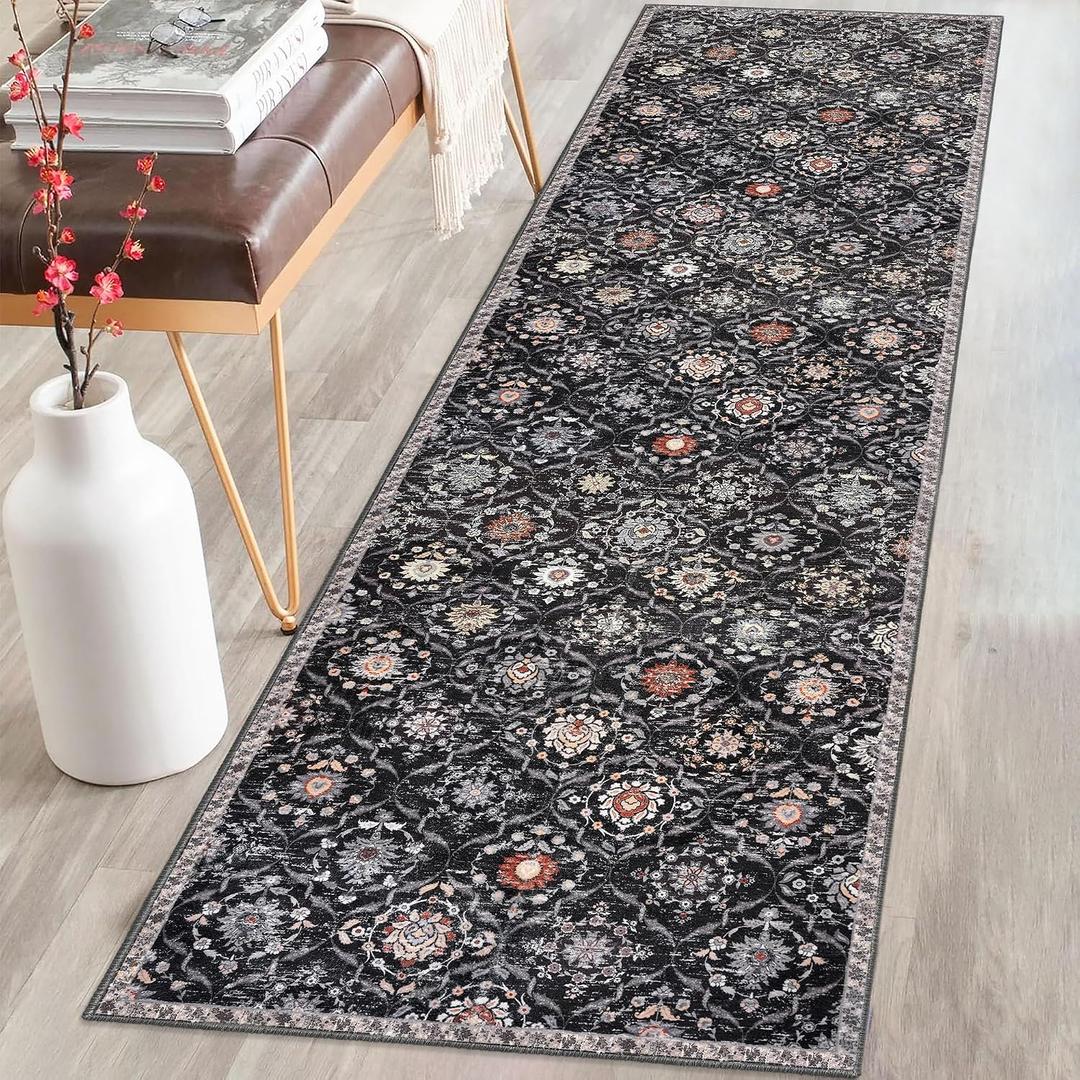 KILOCOCO 2x8 Runner Rug, Moroccan Super Soft Washable Hallway Runner Rug, Accent Print Faux Wool Kitchen Runner Rug 8 Feet Non-Slip Boho Rug Runners for Laundry Room Bedroom, Charcoal/Multi