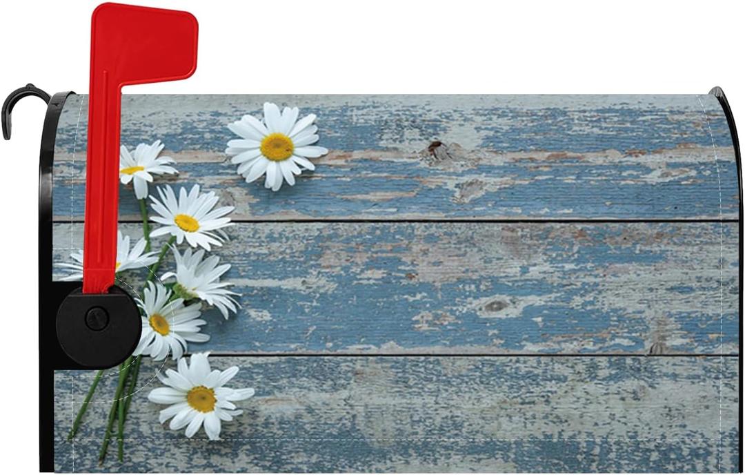 Baocicco White Daisy Magnetic Mailbox Cover Vintage Blue Wood Grain Mailbox Covers Magnetic Spring Flower Mailwraps Standard Size 21x18 Inch Mailbox Wrap Post Letter Box Covers for Outdoor Decorative