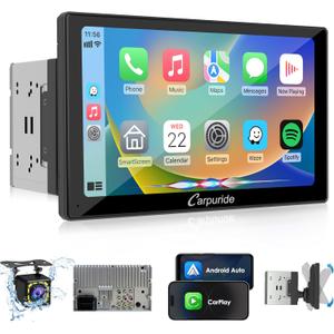 Carpuride Double Din Car Stereo with CarPlay and Android Auto Car Radio 9" HD Floating Touchscreen Car Audio Receivers with Bluetooth, EQ Subwoofer, Mirror Link, SWC, Backup Camera, AUX, AM/FM Radio