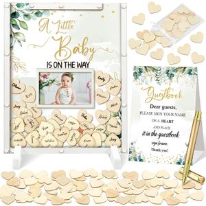 Beeveer 65 Pcs Greenery Baby Shower Guest Book Alternatives He or She Gender Reveal Decorations Sign in Guest Book with Picture Frame and 60 Wooden Chip a Little Baby is on The Way Decorations