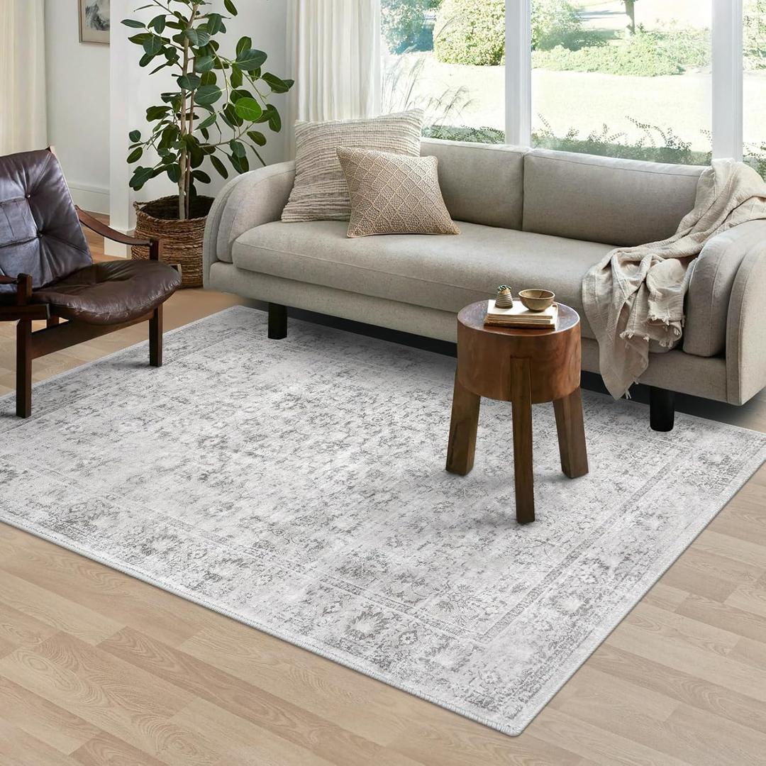 LIVEBOX Washable Area Rug 5x7 Large Boho Living Room Rug Vintage Grey Rugs for Bedroom, Lightweight Retro Carpet Floral Accent Rugs for Nursery Room High Traffic Area (Silvergray)