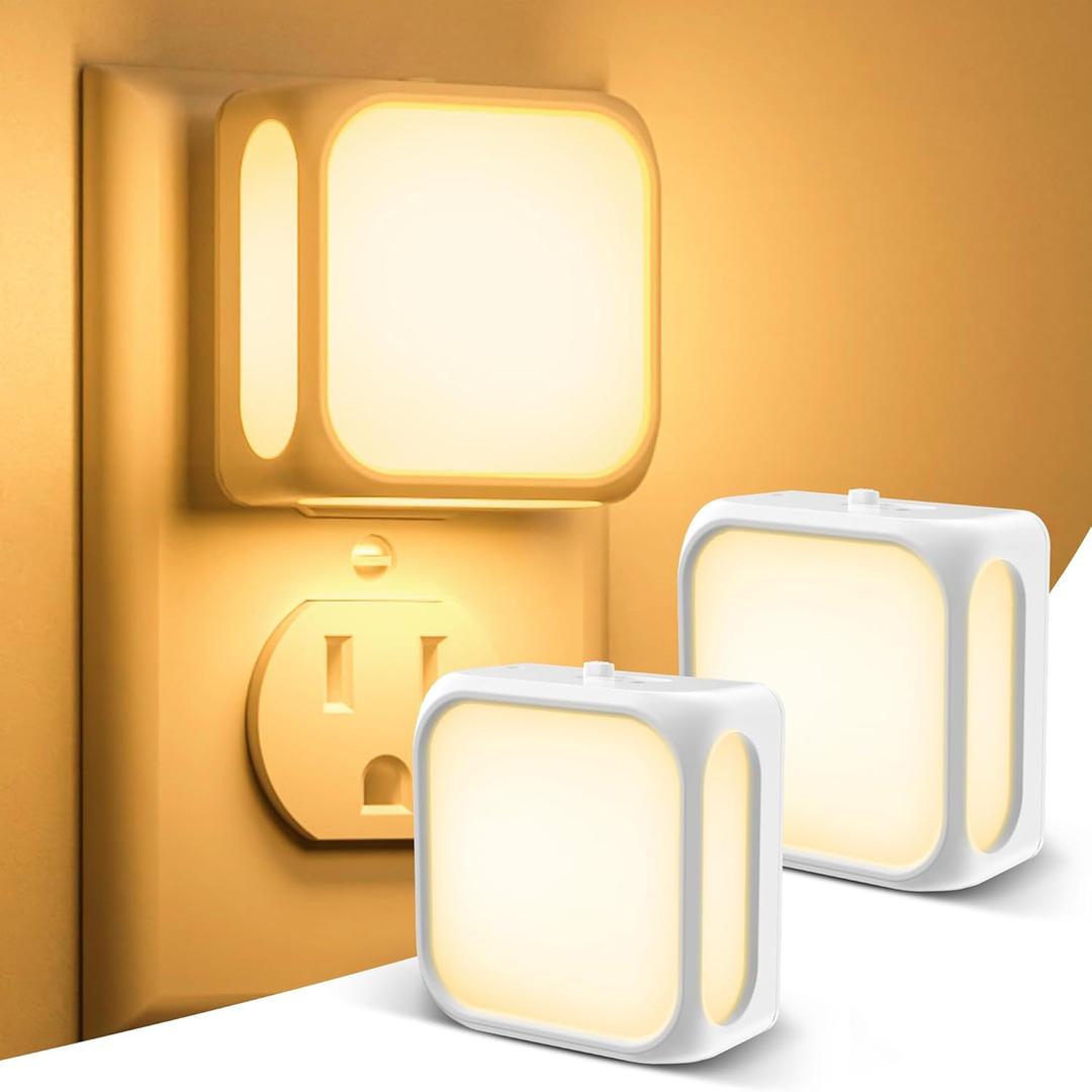Night Lights Plug into Wall 2 Pack, Bright Night Light with Dusk to Dawn Sensor, Warm White 2700K, Brightness Adjustable, 1W Plug in Night Light for Adults, Kids, Bathroom, Bedroom, Hallway