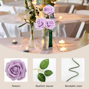 WANTMAZOR Artificial Flowers Light Purple Rose 100PCS, Real Looking Foam Fake Roses with Leaves and for DIY Wedding Bouquets Bridal Shower Centerpieces Party Decorations (Lilac), 2 Pack