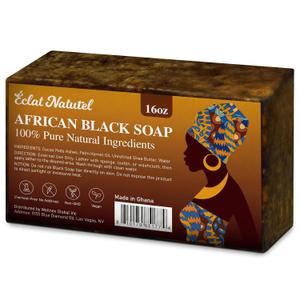 African Black Soap, 100% Pure & Natural, With Raw Shea Butter, Palm Kernel Oil and Cocoa Pods Ash for Dry & Oily Skin Care, Supports Acne & Eczema Treatment, 1 LB (16 oz)