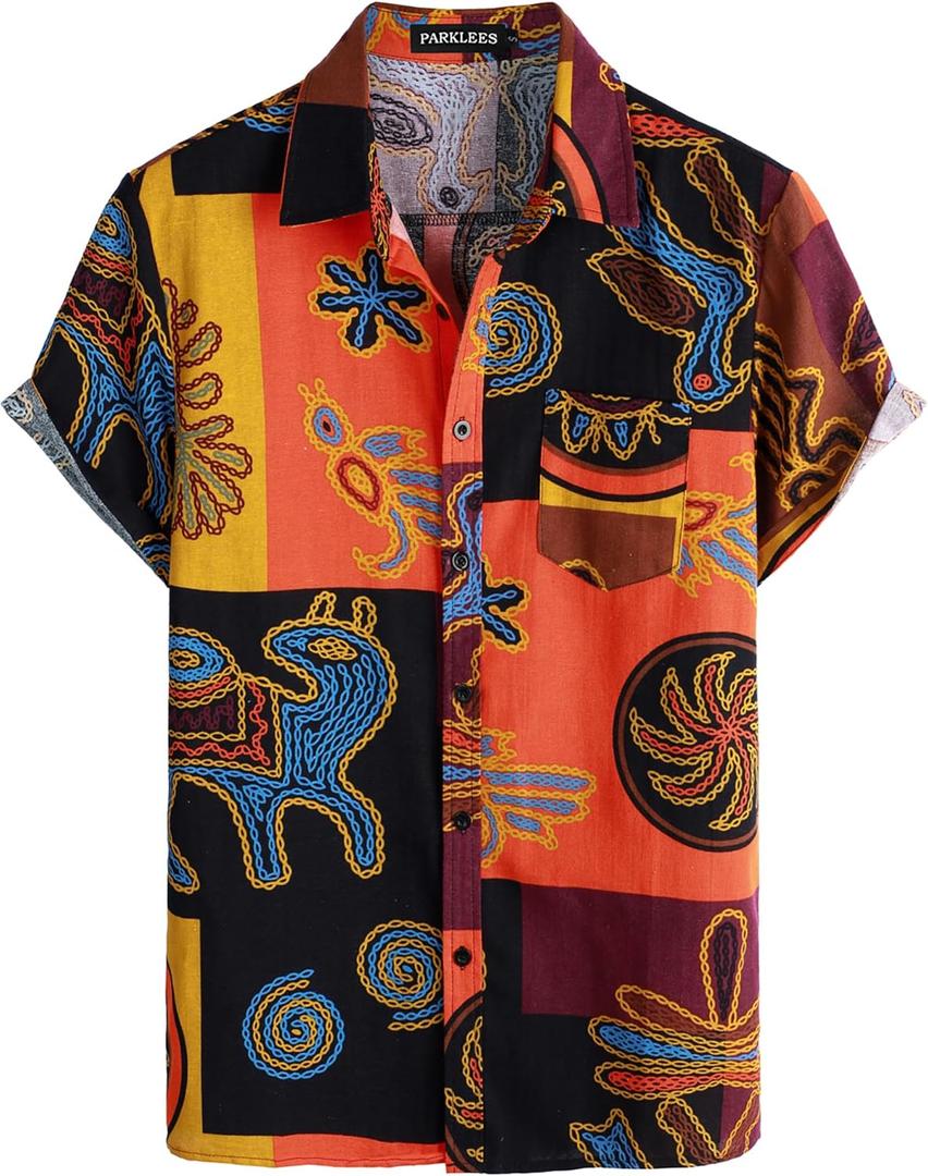 Men's Cotton Linen Vintage Pattern Printed Old Style Shirt Casual Short Sleeve Button Down Retro Shirts (Large, Yellow)