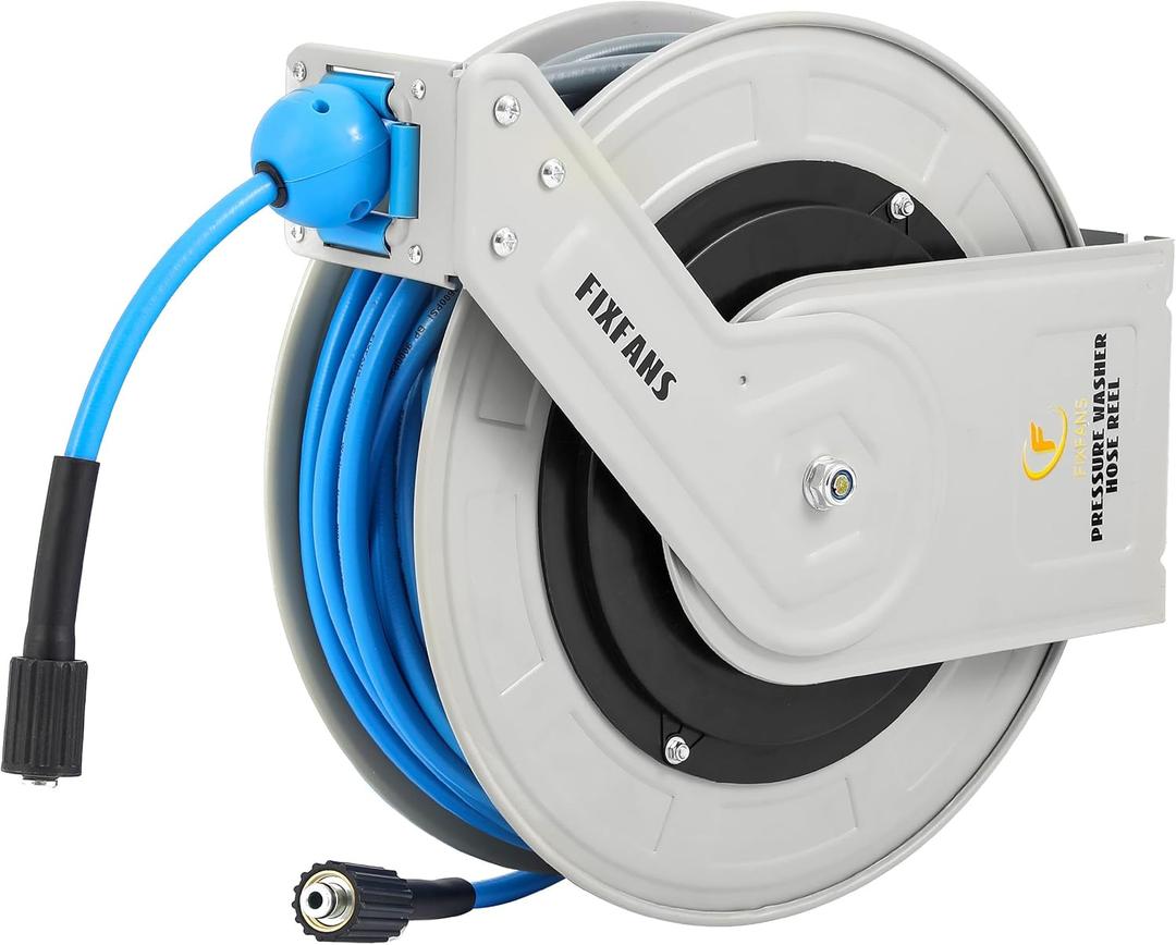 FIXFANS Pressure Washer Hose Reel with Hose, 1/4" 100ft Retractable Power Washer Hose Reel, Heavy Duty Hose Reel Auto Rewind, Wall Mounted, 3600 PSI