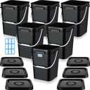 Vesici 6 Pcs 5 Gallon Square Bucket Pail with Plastic Handle and Lid Storage Food Container Industrial Pail with DIY Label Sticker for Multipurpose Paint Water Art Crafts Project(Black)