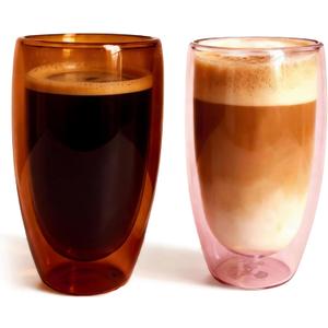 Double Wall Glass Cup Set of 2 - Insulated Coffee Mugs for Hot&Cold Drinks Home Caf Colored Premium Borosilicate Glass in Amber Brown/Rose Pink