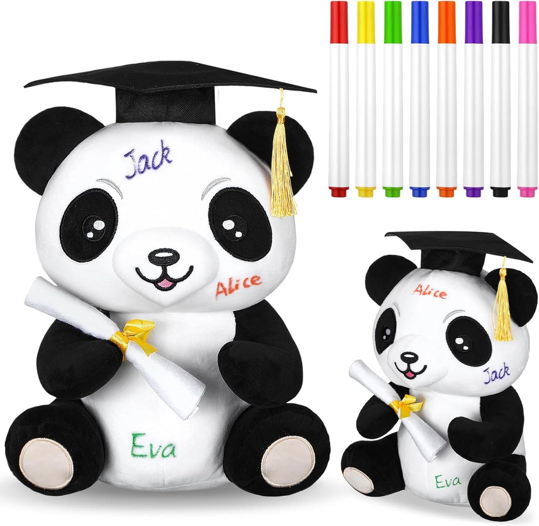 Blueweenly 12 Inch Graduation Autograph Stuffed Animal Panda Bear Plush with Graduation Cap Smooth Fabric Congrats Grad Stuffed Panda Bear with 8 Colored Marking Pens for Graduate Student Party Supply