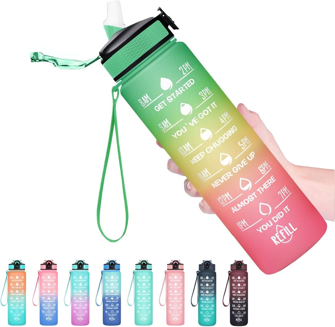Hyeta 32 oz Water Bottles with Times to Drink and Straw, Motivational Water Bottle with Time Marker, Leakproof, Drinking Sports Water Bottle for Fitness, Gym and Outdoor (Signal Lights)