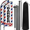 2 Set Barber Flag Barbershop Themed Swooper Flag Banner with Pole Kit Open Feather Barber Sign for Salon Business Advertising Outdoor Outside(7 ft)