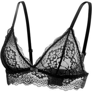 Lace Bralettes for Women No Underwire Sexy Triangle See Thru V Neck Unpadded Bra (Pack of 1 (Black))