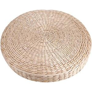 Meditation Cushion, 15.7inch / 40cm Dia Straw Floor Seat Cushion for Deep Thought Leisure Round Shape Soft Pouf Light Yellow Knitted Tatami Cushion