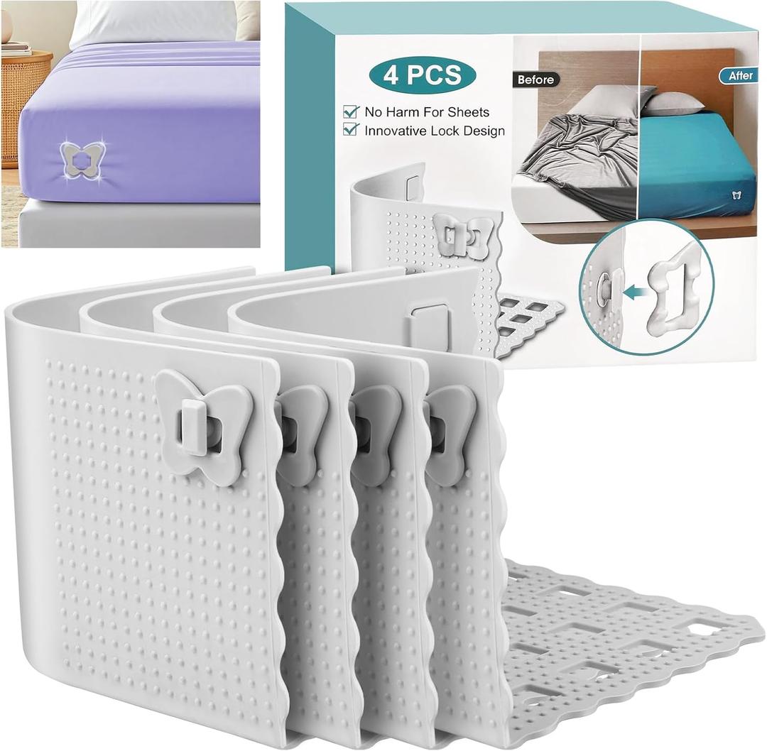 4 PCS Fitted Sheet Holder,Sheet Holders Keep Sheets Firm & Tight,Bed Sheet for Corners with Anti-Slip Lock Clips,Bed Sheet Straps for Lateral Sleepers and Restless Partners,Secure Fit on Mattress
