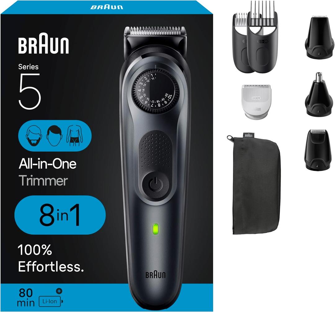 Braun All-in-One Style Kit Series 5 5480, 8-in-1 Trimmer for Men with Beard Trimmer, Body Trimmer for Manscaping, Hair Clippers & More, Ultra-Sharp Blade, 40 Length Settings, Waterproof (Black)
