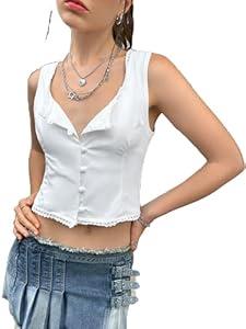 SOLY HUX Women's Lace Trim Button Down Tank Top Sexy Scoop Neck Fitted Vest Crop Tops Y2k Going Out Shirts Plain White, Large