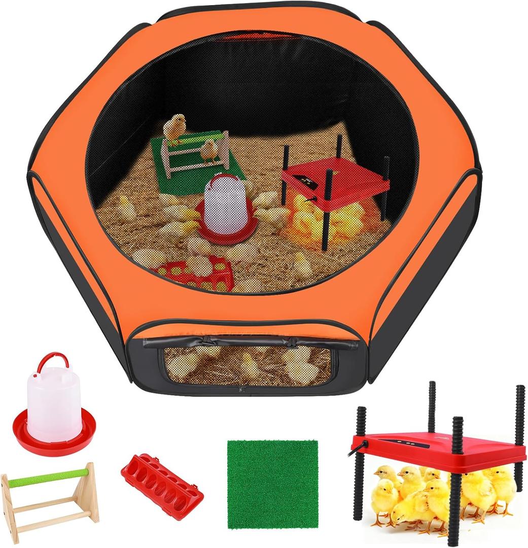 Brooder Box for Chick, 6-in-1 Chick Starter Kit, Includes Brooder Heating Plate, Baby Chicken Pen, Chicken Feeder, Waterer, Perch, Nesting Pad (Brooder Set)