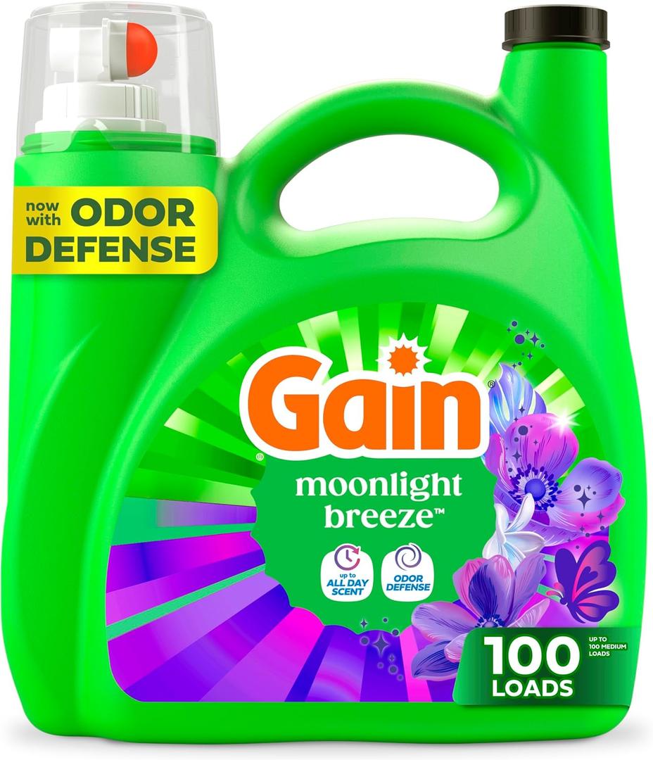 Gain Liquid Laundry Detergent, Now with Odor Defense, Moonlight Breeze Scent, 132 fl oz, 100 Loads