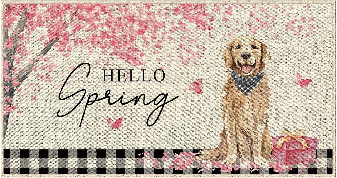 Dlzdn Hello Spring Dog Door Mat Golden Retriever Cherry Blossom Floral Decorative Doormat Holiday Non-Slip Rubber Backed Entryway Rugs for Indoor Outdoor Entrance Floor 17 x 30 Inch