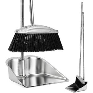 VOOWO Broom with Dustpan Combo Set, 46" Stainless Steel Broom and Dustpan Set for Home, Heavy Duty Dust Pan with Long Handle, Broom for Sweeping Indoor and Outdoor, Kitchen Broom and Dust Pan (Black)