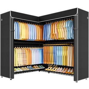ULIFHOME E15C Max Garment Rack L Shaped Clothes Rack for Corner，Freestanding Clothing Racks for Hanging Clothes，Heavy Duty Closet System 57"W x 15.8"D x 78.4"H，Black Rack with Black Dustproof Cover