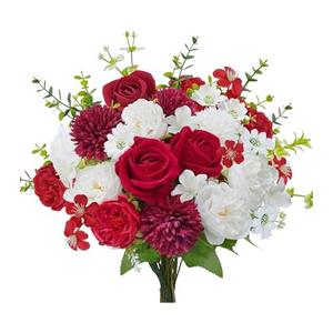 Artificial Flowers Red Artificial Silk Flowers 11.8in Fake Rose Mums Bouquet Summer Flowers Arrangements Cemetery Grave Flowers for Wedding Home Indoor Table Centerpieces Vase Decor