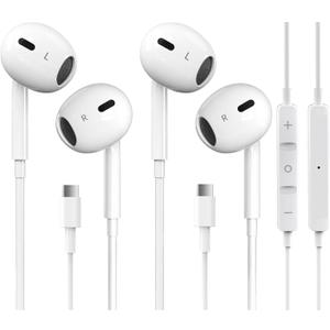 2 Packs USB C Headphones for iPhone 17/16/15 Earbuds with Microphone & Volume Control HiFi Stereo Type C Earphones for Galaxy S23/S22/S21/S20/Ultra Note 10/20, for iPad Pro Pixel 7/6/6a/ OnePlus 9 (White)