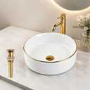 14.2” Round Ceramic Vessel Sink Gold Rim Basin With Pop-Up Drain