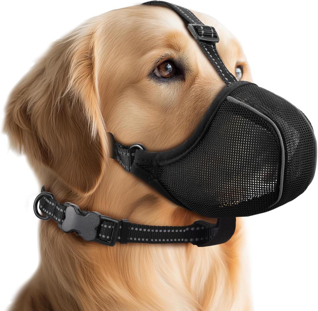 Dog Muzzle - Soft Breathable Mesh Nylon Adjustable Muzzle for Small Medium Large Dogs Prevents Chewing,Biting & Scavenging | Allows Panting, Drinking & Grooming | Secure Collar Strap Design(Black XXL)