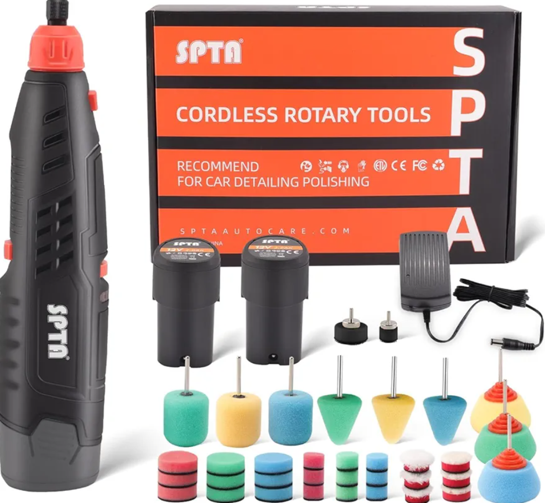 Cordless Rotary Tool, SPTA Powerful Mini Detail Polisher Kit, 36Pcs 12V Li-ion Battery 5,000-25,000 RPM Micro Auto Detailing Car Polisher Polishing Foam Pad Set for Buffing Polishing Sanding Cleaning