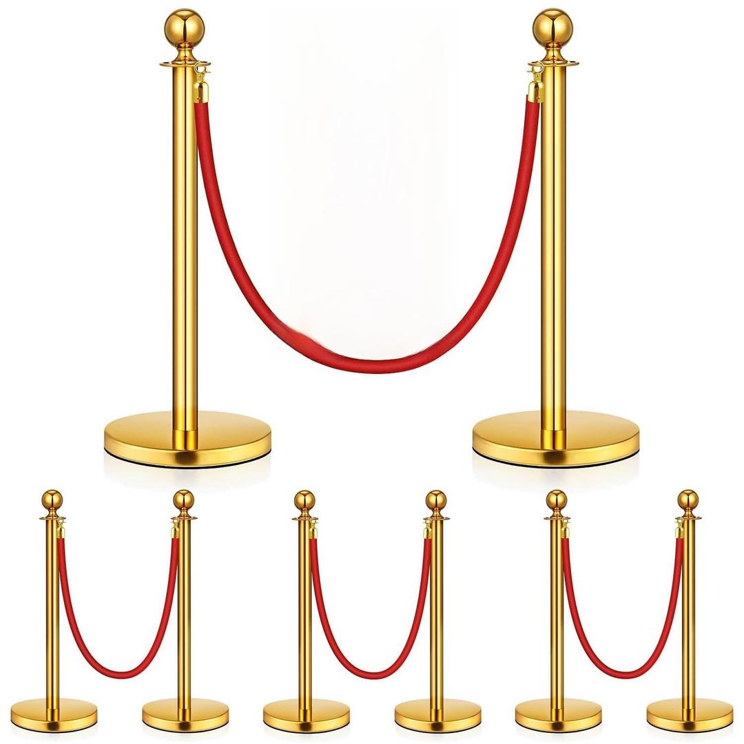8 Pack Upgraded Stainless Steel Stanchions and Velvet Ropes 5FT Extended Red Carpet Ropes Poles Crowd Control Safety Barriers Set with Stable Base for Theaters Parties Wedding Exhibition (Gold)