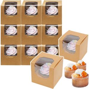 Bakepacker Auto-pop up Cupcake Boxes 30-Packs Individual Cupcake Container Brown 3.5" x 3.5" x 3.5" Single Cupcake Boxes