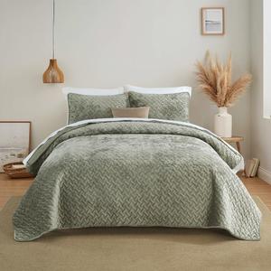 Velvet Bedspread Quilt Bedding Sets,Luxury Elegant Ultra Soft Velvet Comforters Coverlet Blankets,Weave Stitching Pattern Cotton Quilted Bedspread for All Seasons,Olive Green,King Size (King (96by108 inch))