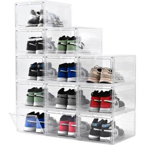 Large Shoe Boxes Clear Plastic Stackable Drop Front Shoe Box with Clear Door, Shoe Containers For Sneaker Display, Fit up to US Size 12